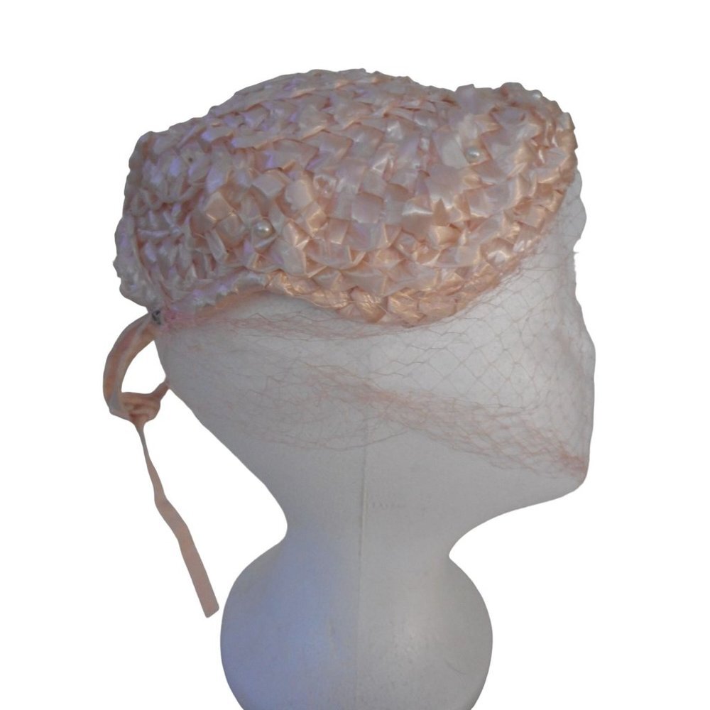Vintage Womens Pink Juliet  hat w/ netting and bows woven design 1950s - Picture 5 of 7